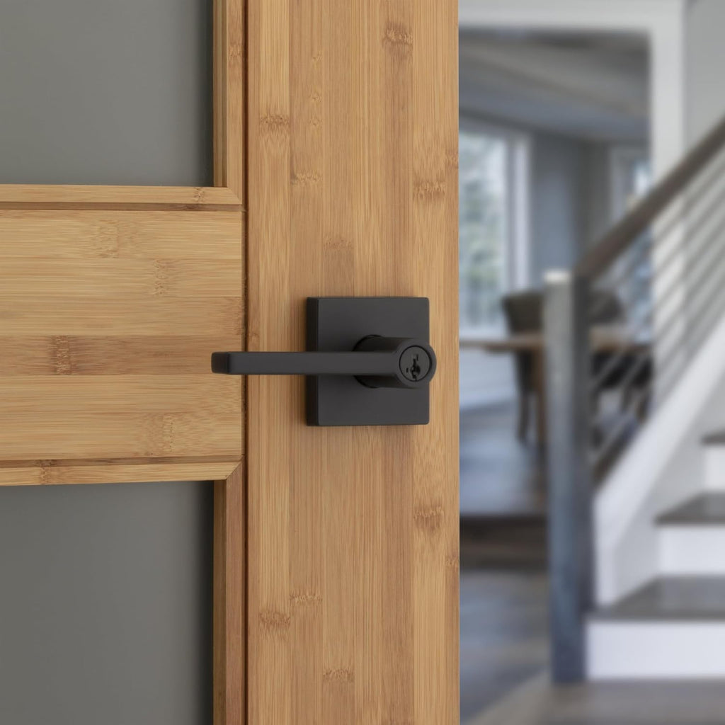 Kwikset Halifax Entry Door Handle with Lock and Key, Secure Keyed Reversible Lever Exterior, for Front Entrance and Bedrooms, Matte Black, 10 Pack, Pick Resistant SmartKey Rekey Security and Microban
