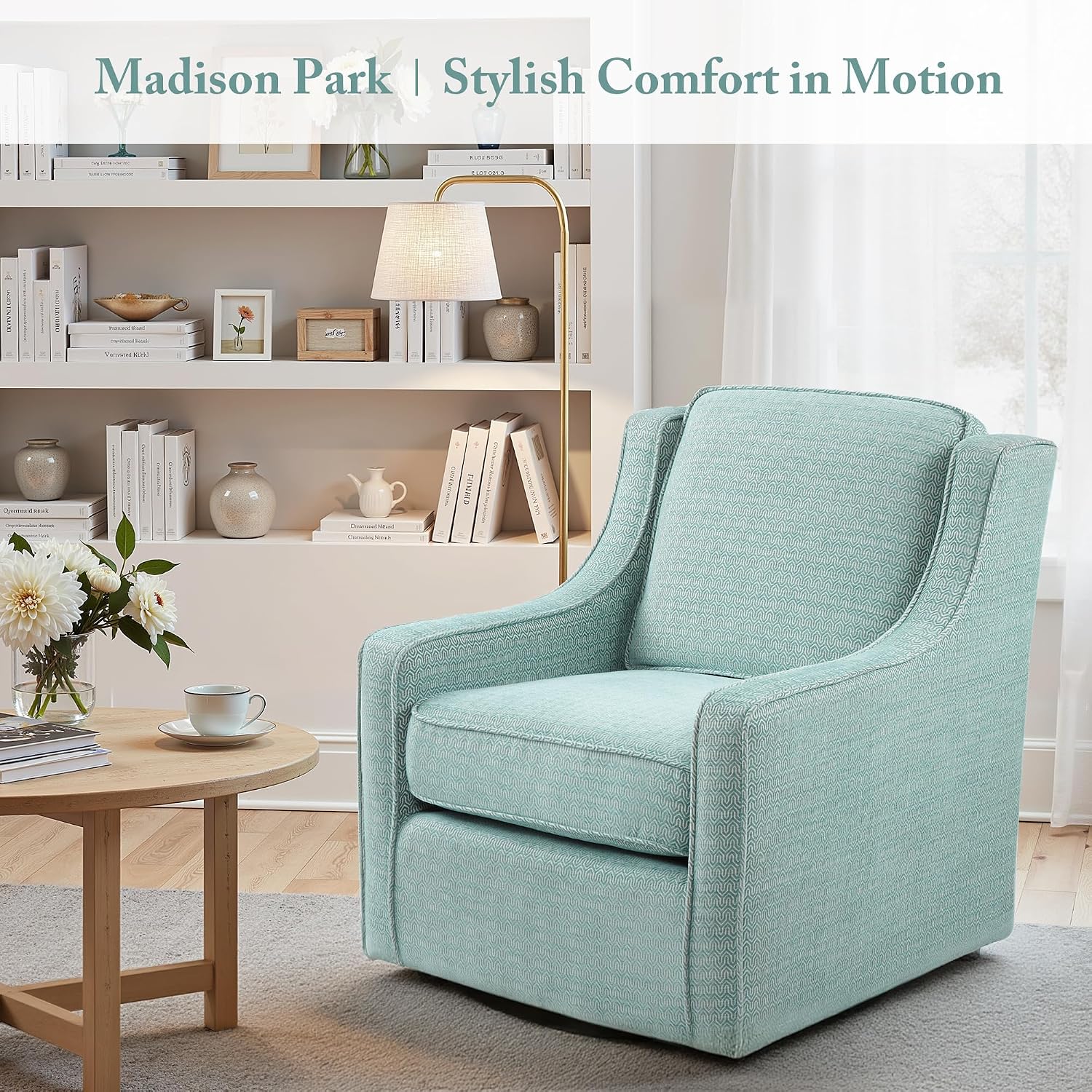 Madison Park Harris Swivel Chair - Solid Wood, Plywood, Metal Base Accent Armchair Modern Classic Style Family Room Sofa Furniture, 28.5' Wide, Dusty Aqua