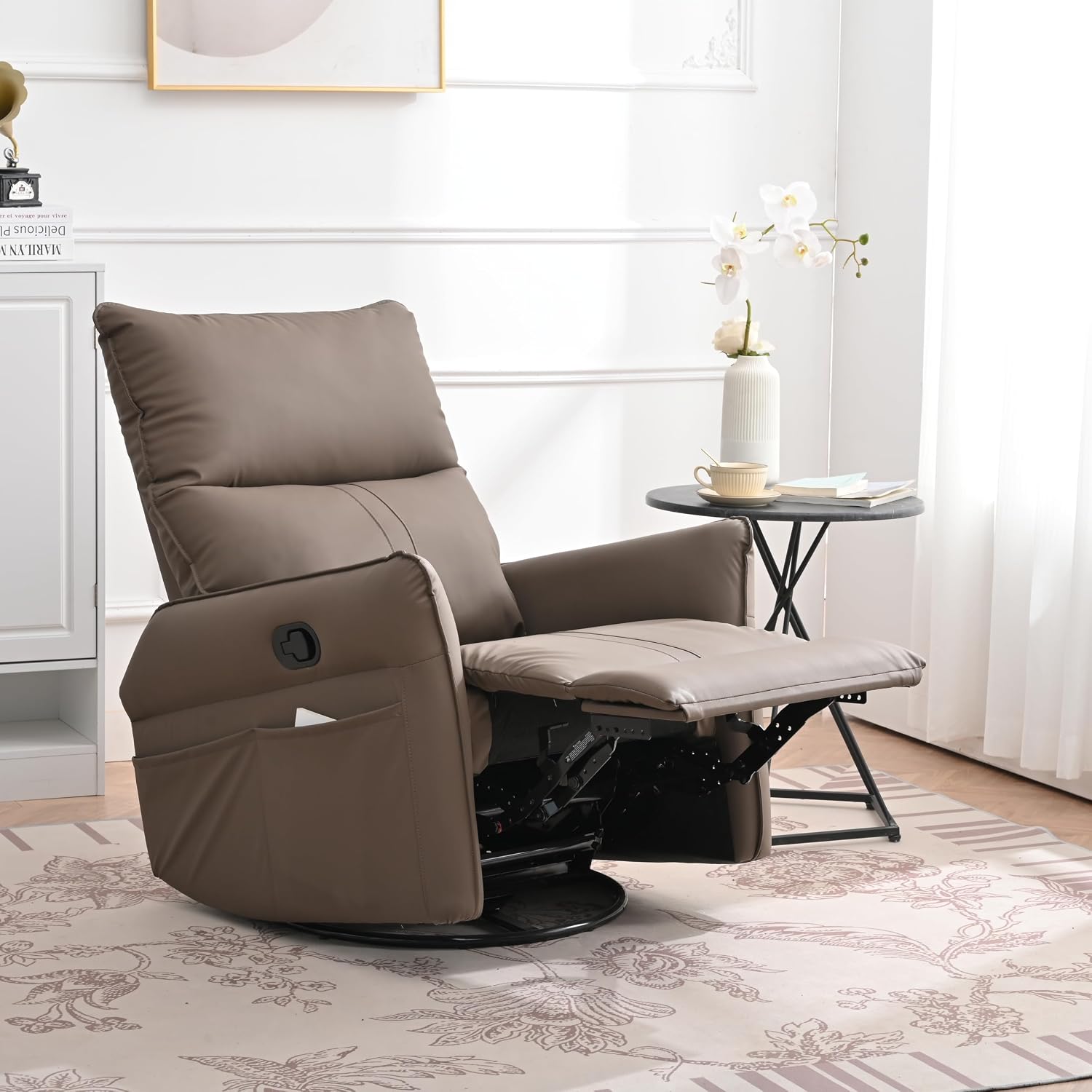 KEIKI 360 Degree Rocking Swivel PU Leather Recliner Chair, Individual Seat Home Theater Recliner Seating with Side Pocket for Living Room Bedroom, Brown