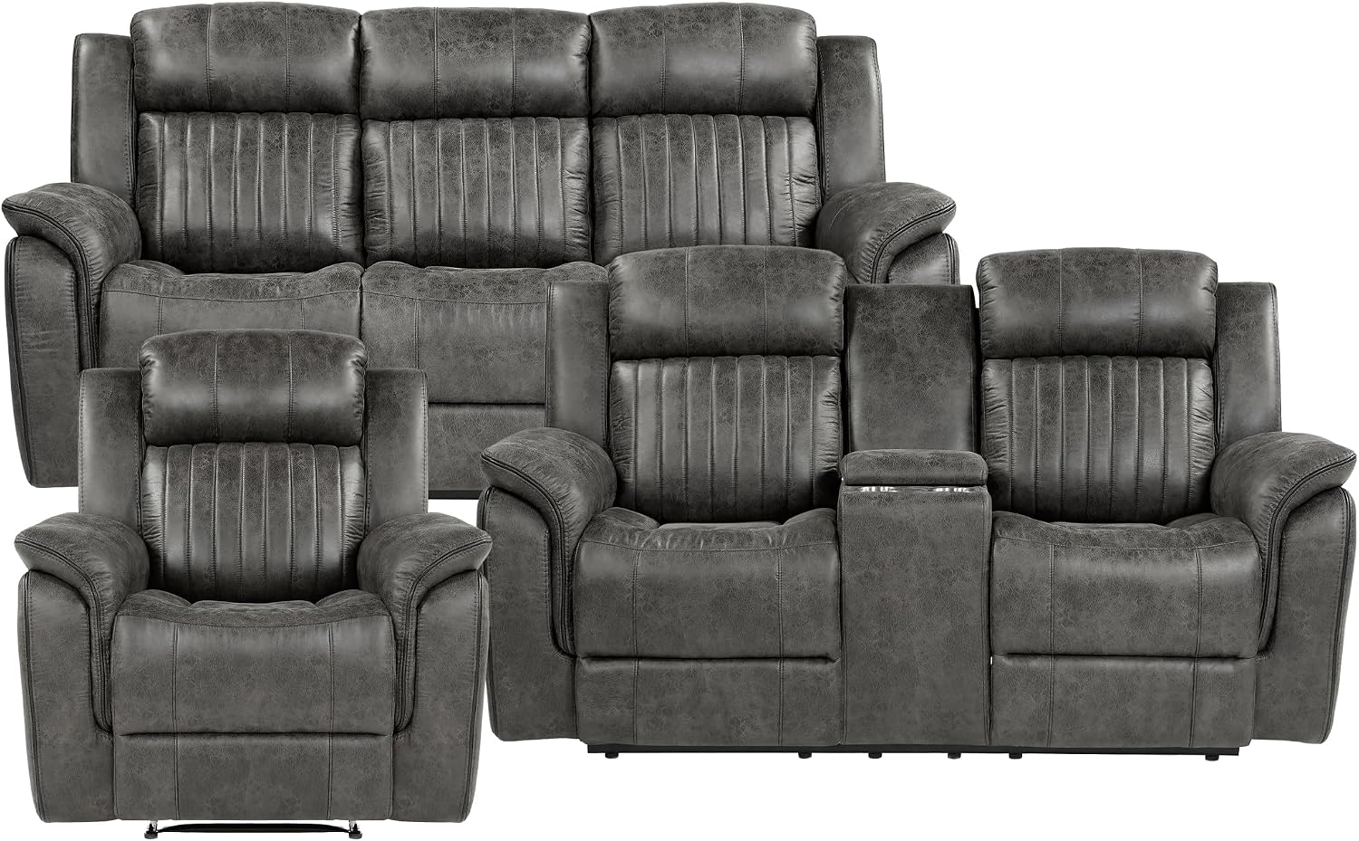 Lexicon Recliner Living Room Set, Home Theater Seating, Manual Polished Microfiber Upholstery Sofas, RV Couch Including Double Recliner Sofa, Loveseat and Chair, 3-Piece Set, Brownish Gray