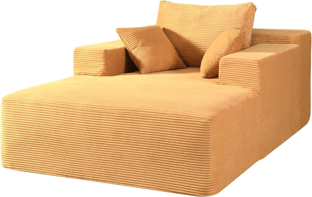Container Furniture Direct Dawson Convertible Chaise Lounge Chair Indoor – Oversized Corduroy Couch with Wide Armrest & Throw Pillows, Cozy Boneless Sleeper Sofa Bed Armchair, Ginger Yellow