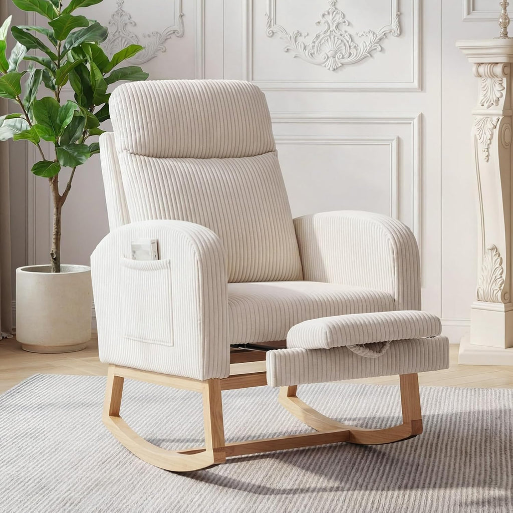 GarveeHome Corduroy Nursery Rocking Chair with Foot Rest,Upholstered Glider with 26' High Backrest, Padded Seat,Modern 300 Lbs Weight Capacity Accent Recliner for Living Room, Bedroom, Reading