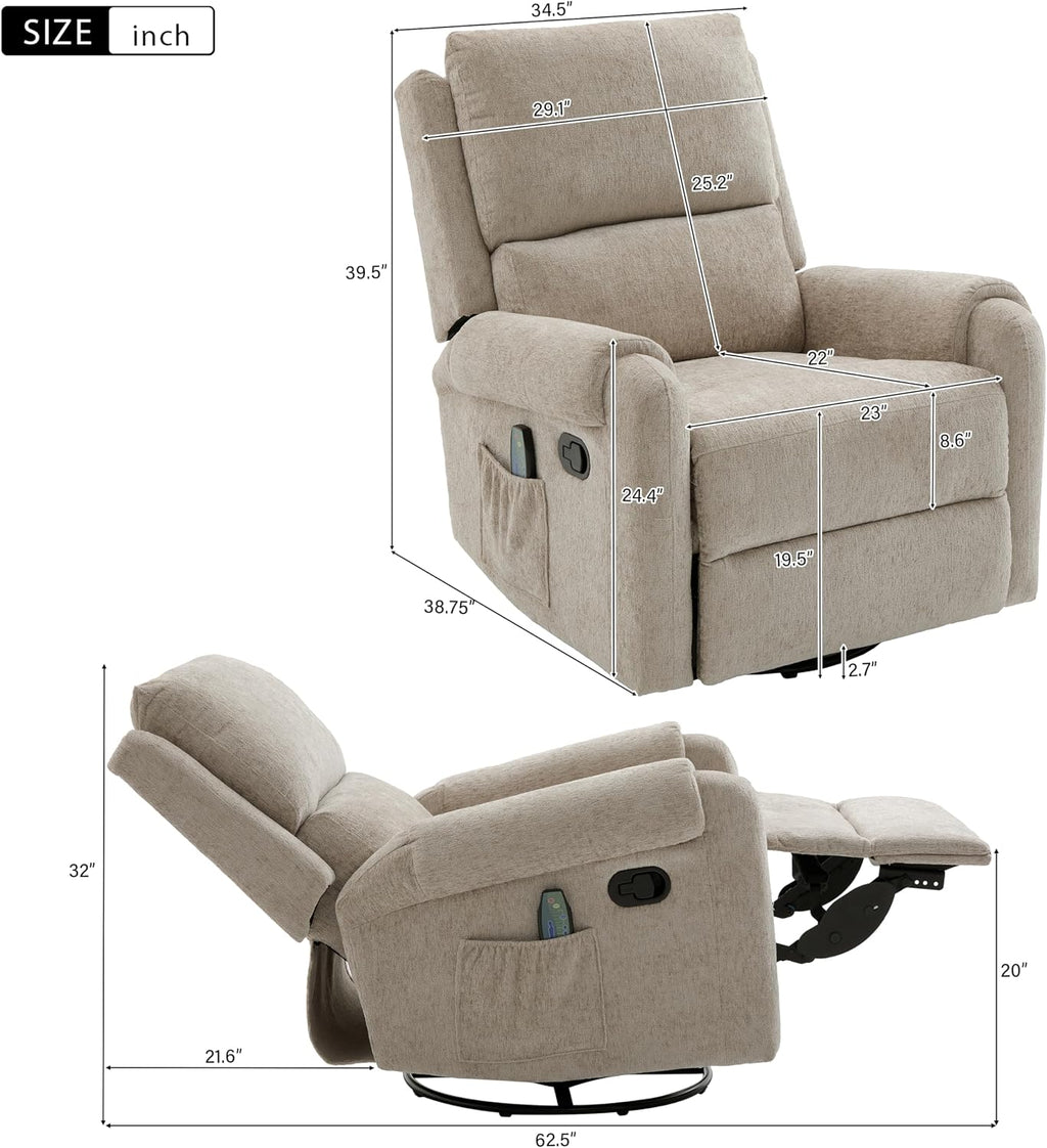 Christopher Knight Home Harper Massage Recliner Chair with 8 Modes, Chenille Upholstered Recliner Sofa, Swivel Massage Chair with a Side Storage Pocket for Living Room/Bedroom,Head Support,Light Brown