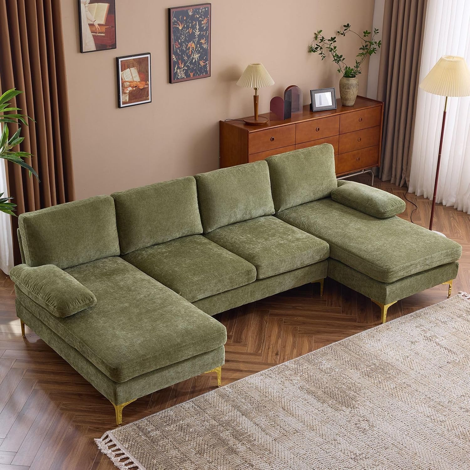 Karl home Convertible Sectional Sofa 110' U-Shape Sofa Couch 4-Seat Couch with Chaise ChenilleFabric Upholstered for Living Room, Apartment, Office, Green