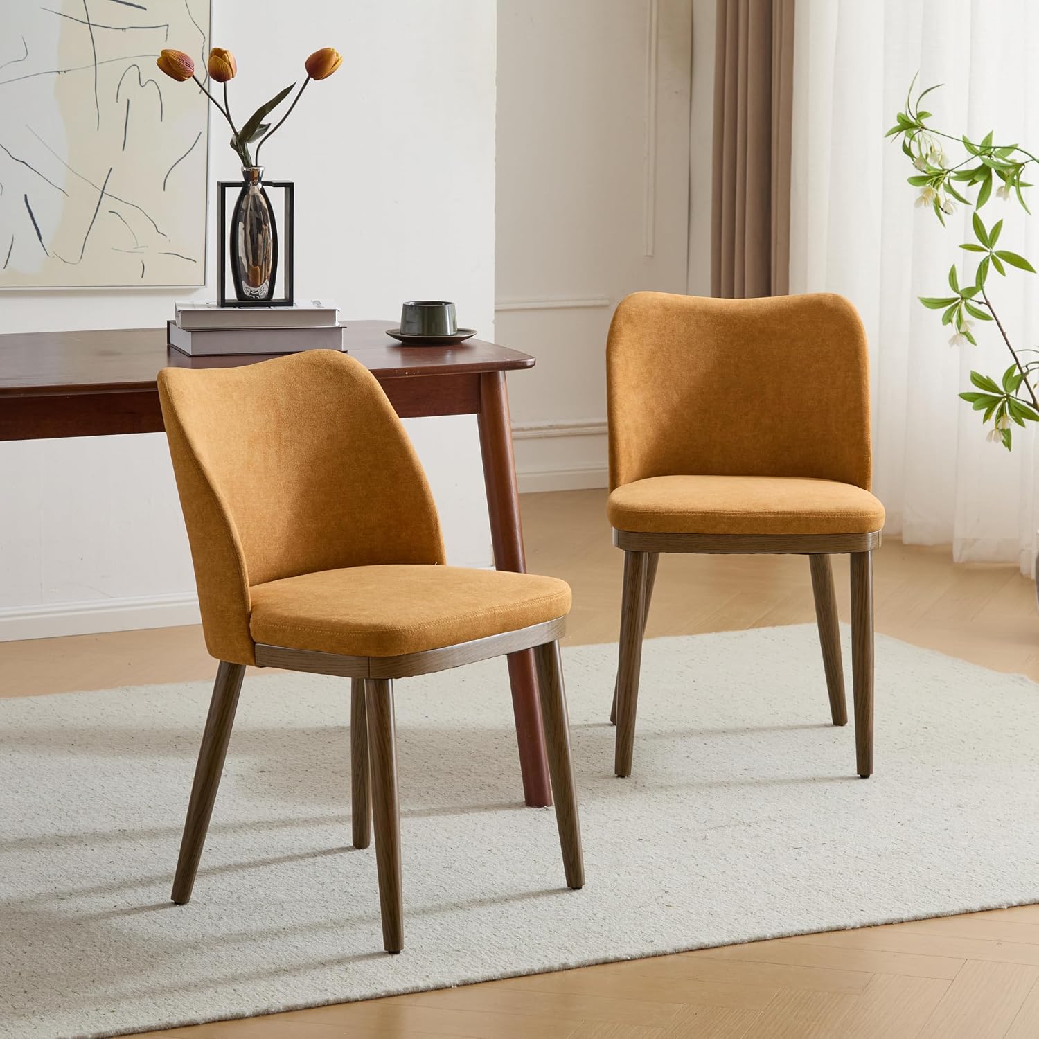 Christopher Knight Home Set of 2 Ringo Fabric Upholstered Dining Chairs,Rubberwood Frame, Curved Backrest,Foam-Filled Cushion, Armless Accent Chair/Side Chair for Dining Room/Kitchen, Ginger+Walnut