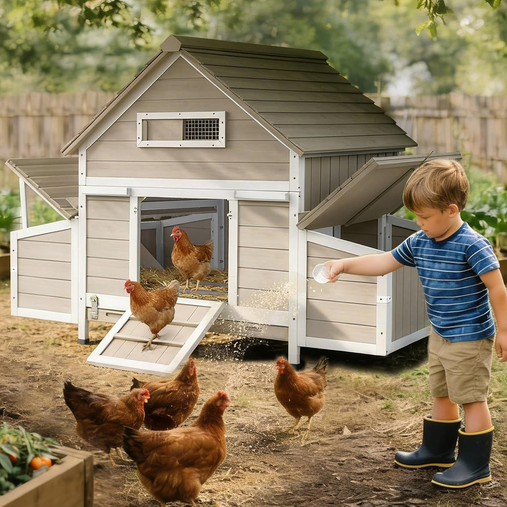 Ketive Large Chicken Coop for 2–4 Chickens Outdoor Poultry Cage Wooden Hen House with 6 Nesting Boxes, Reinforced Boxes, Dual Ramp Doors, Curved Wood Roof, Tray, Expandable (61.1'L x 38'W x 40.2'H)
