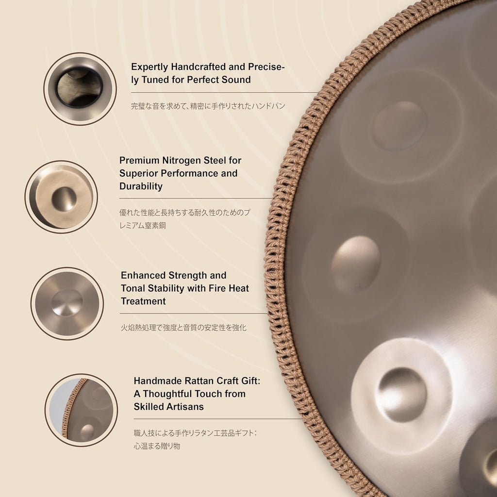 Handpan Drum - 22-Inch 10-Note D Kurd 440Hz - Hand Tuning Handpan - Includes Soft Bag, Mallets, Stand, Note Stickers, Cleaning Cloth - Artist Performance Video