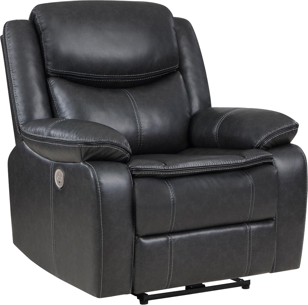 Coaster Home Furnishings - Sycamore - Faux Leather Upholstered Power Recliner Chair with Built-in USB Port, Contour Tufting and Control Panel - Living Room - Dark Gray - 610233P