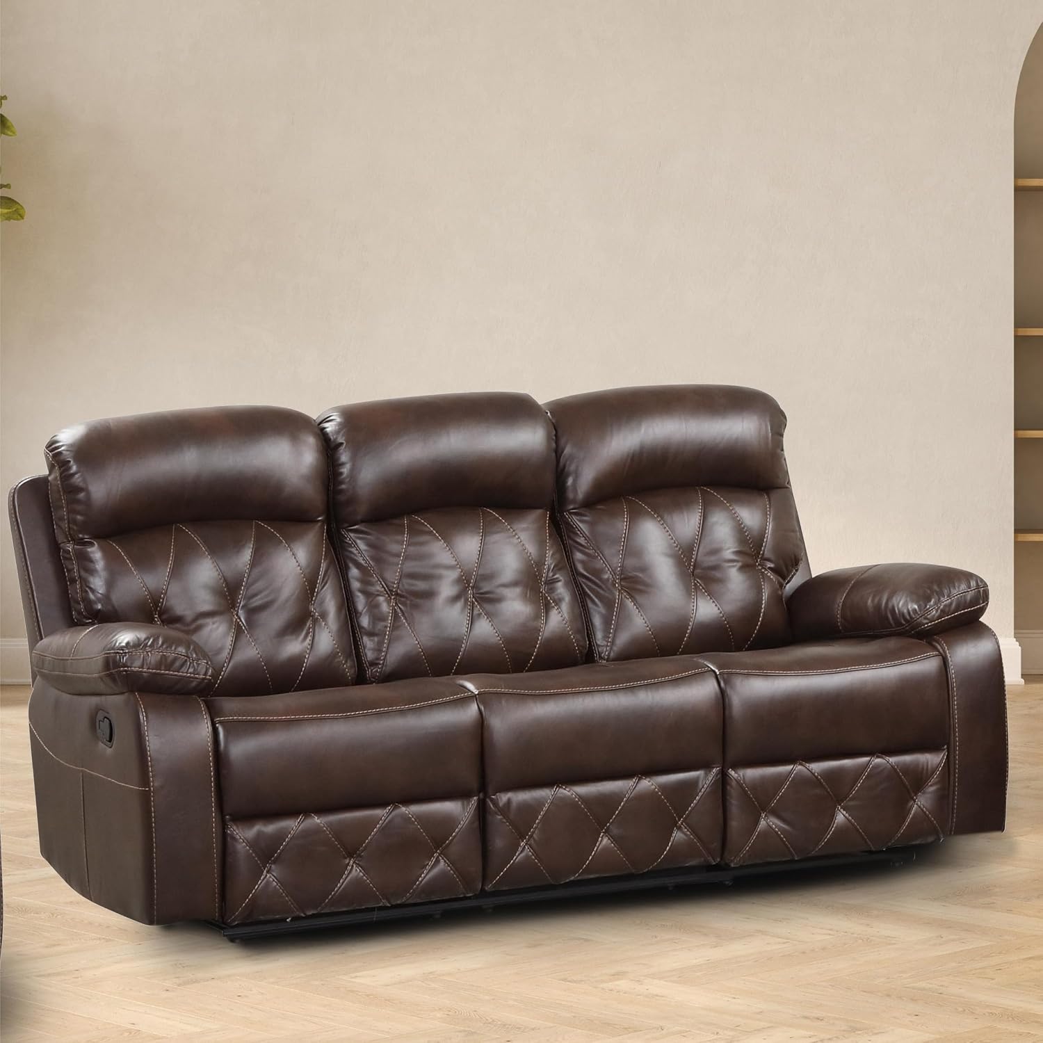 24/7 Shop at Home Skylar Transitional Breathable Leather Recliner Sofa with Diamond Stitching, Manual Home Theater Seating for Living Room, Bedroom, Brown