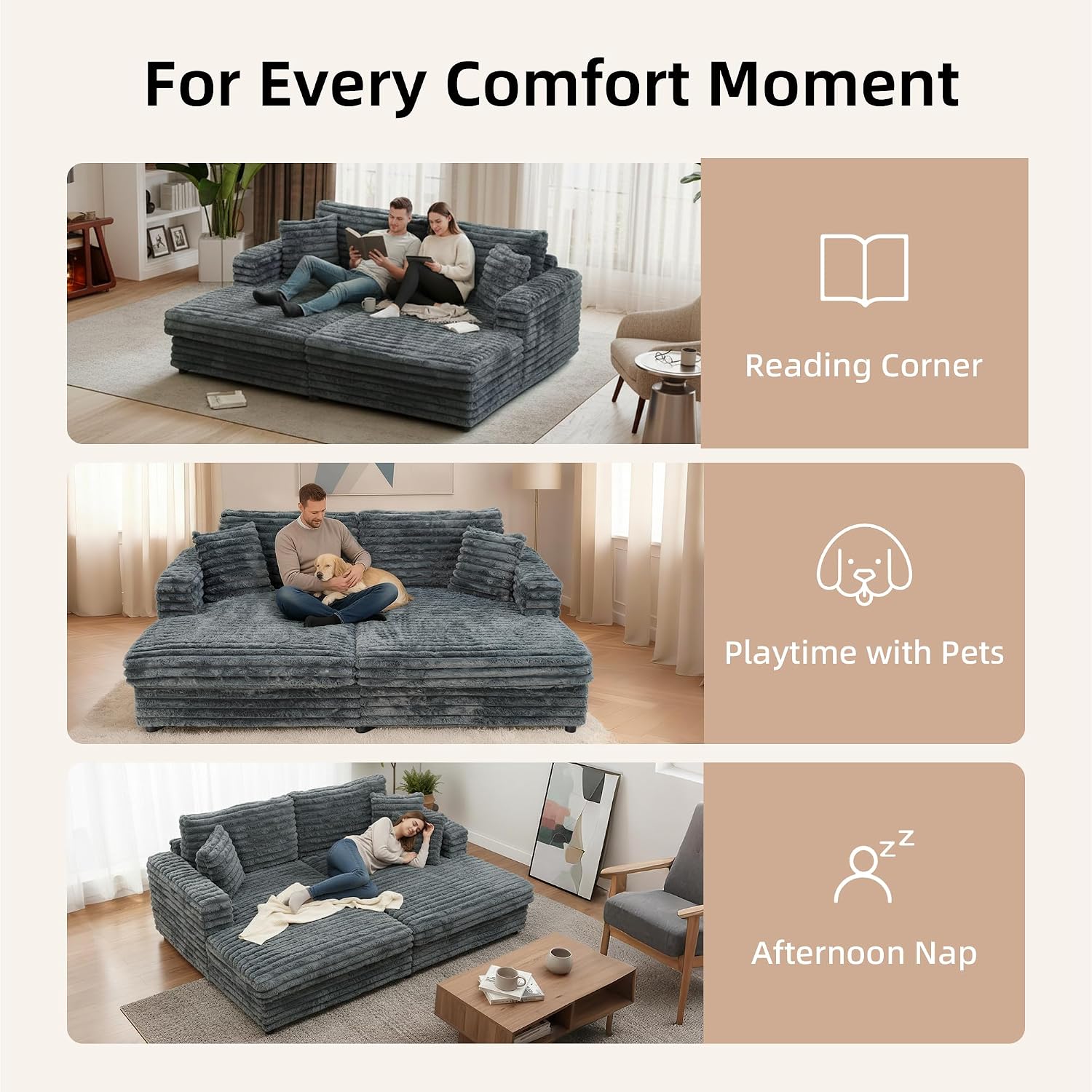 86' Oversized Chaise Lounge Chair Indoor with 2 Pillows,Sofa Bed Upholstered Recliner Chair,Comfy Corduroy Reading Chairs,Oversized Sleeper Couch for Living Room, Movie Room and Bedroom, Gray