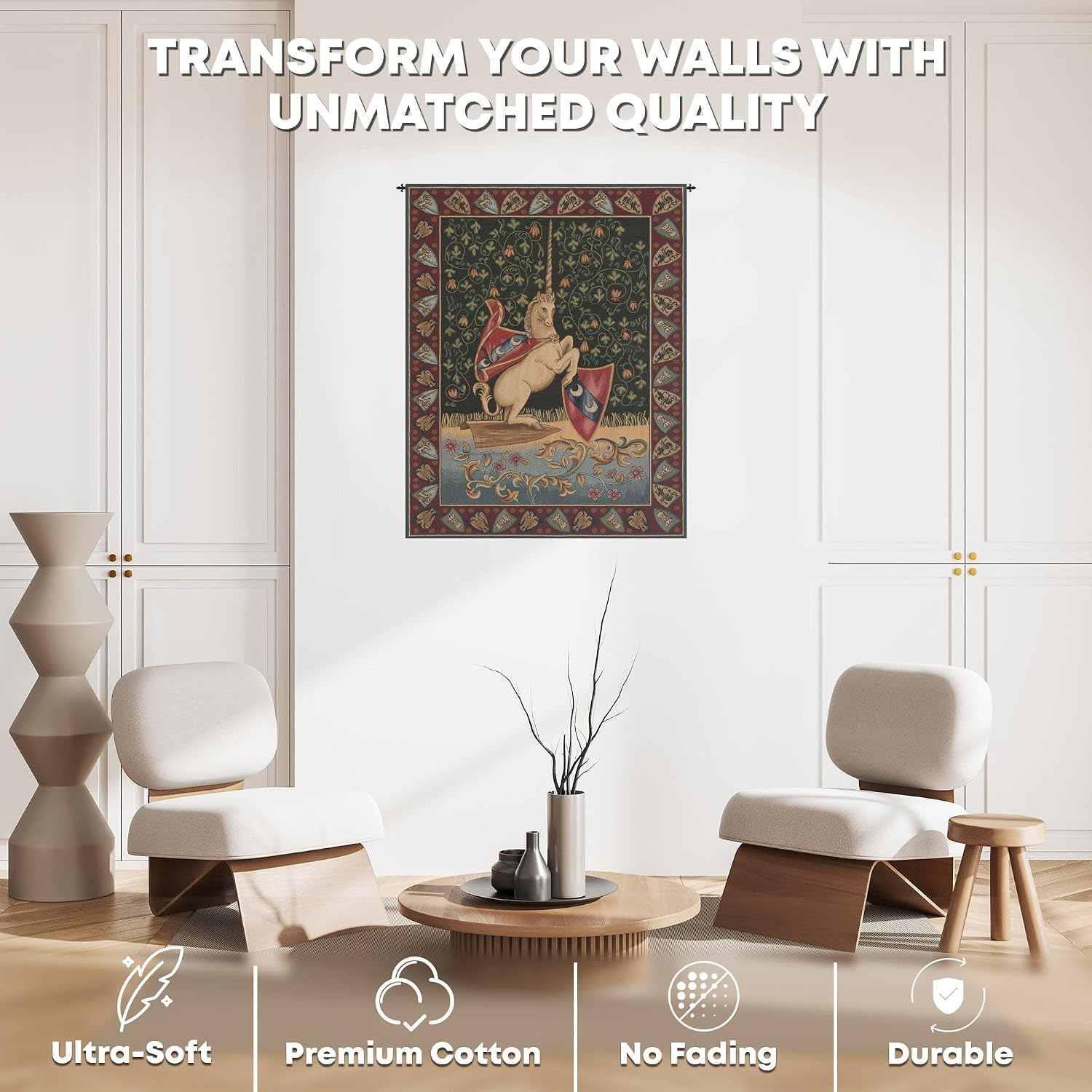 Charlotte Home Furnishings Inc. C Unicorn Medieval Italian Tapestry Wall Hanging 33 X 26 Inch Viscose Cotton And Polyester Blend Wall Art Woven In Italy Perfect For Home Decor And Wall Decor