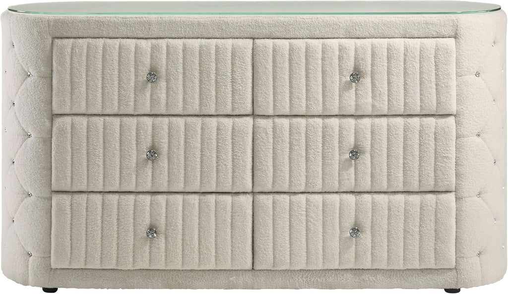 Coaster Home Furnishings - Sonya - Wood - Boucle Upholstered 6-Drawer Dresser with Crystal Hardware, Tufted Panels and Glass Top - Bedroom - Ivory - 360113