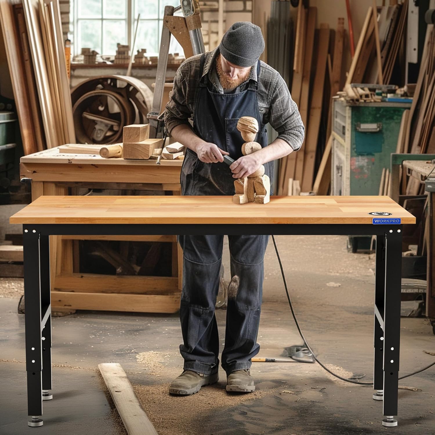 WORKPRO Adjustable Garage Workbench, 60x24 Rubber Wood Top Heavy-Duty Work Desk with Power Outlets, Leveling Foot, 5 Heights, 1500 LBS Load Capacity Work Benches for Garage, Workshop