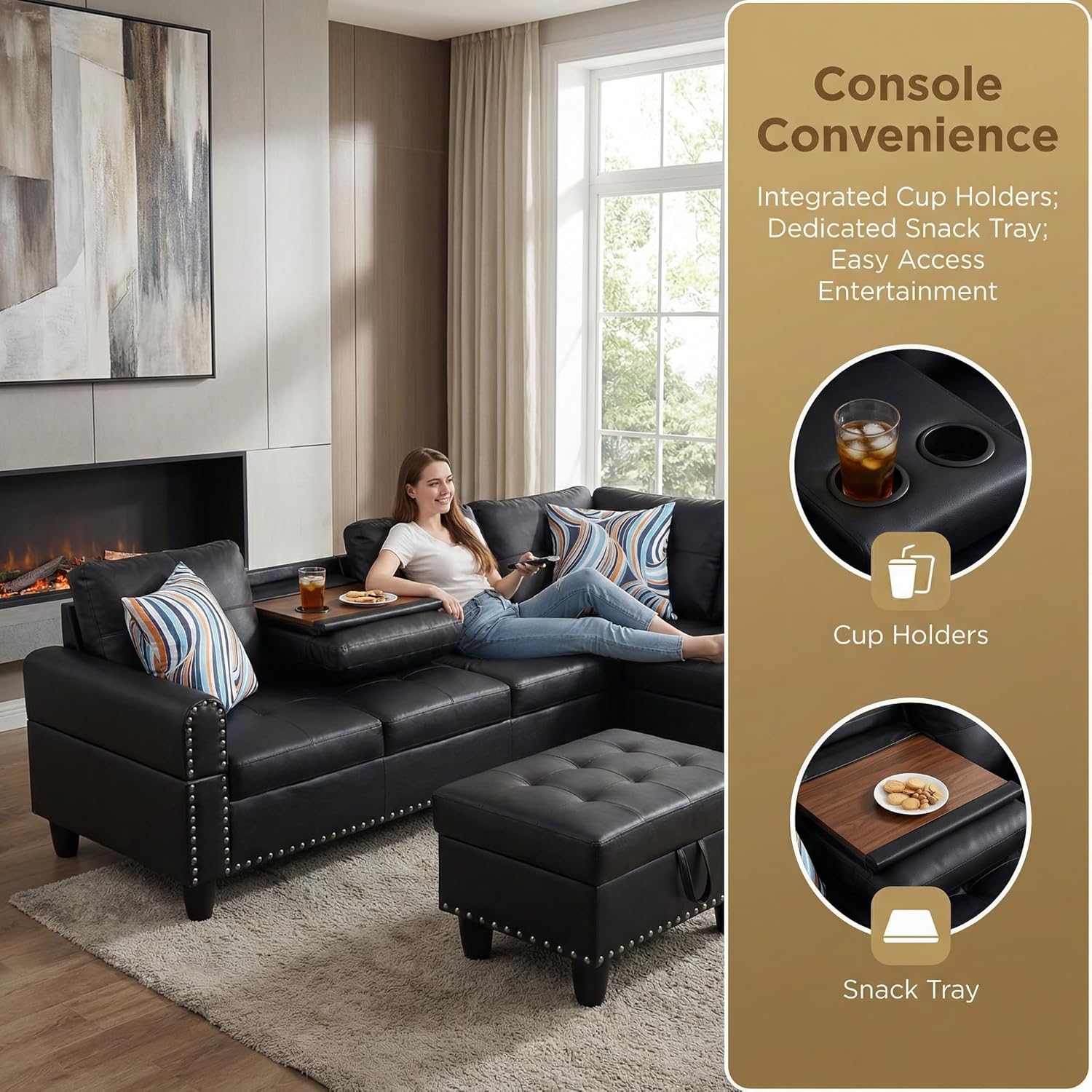 L-Shaped Sectional Sofa with Movable Chaise & Storage Ottoman - 3-Piece Leather Modular Convertible Couch for Living Room, Apartment & Home Office, Gloss Black