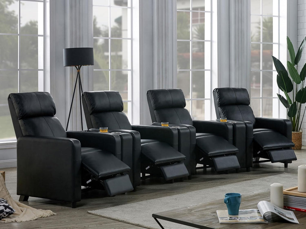 Coaster Home Furnishings - Toohey - Faux Leather - 7-piece Theater Seating with Consoles and Recliners with Tufted Backrests and Slim Track Armrests - Living Room, Home Theater - Black - 600181-S4A