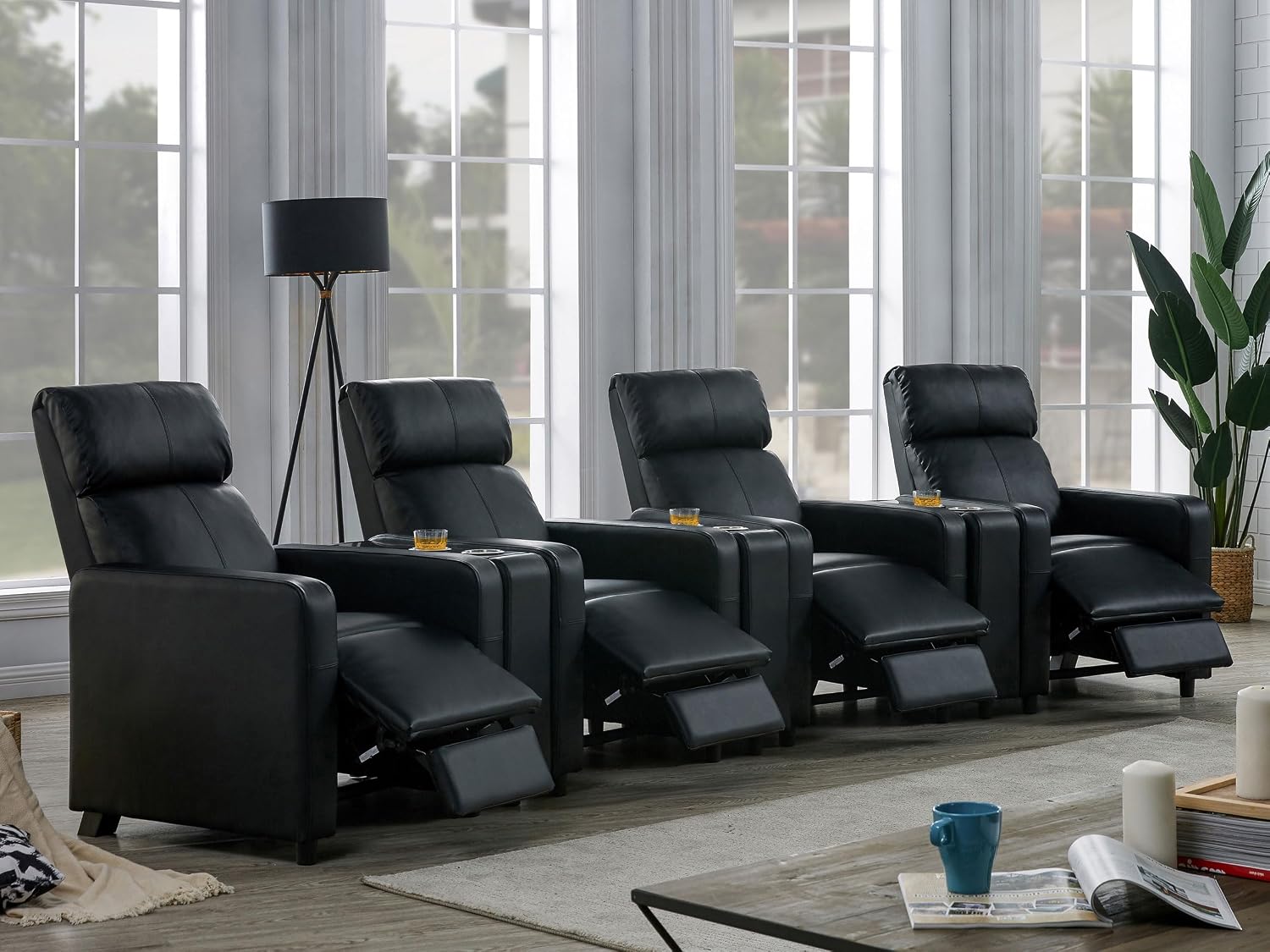 Coaster Home Furnishings - Toohey - Faux Leather - 7-piece Theater Seating with Consoles and Recliners with Tufted Backrests and Slim Track Armrests - Living Room, Home Theater - Black - 600181-S4A