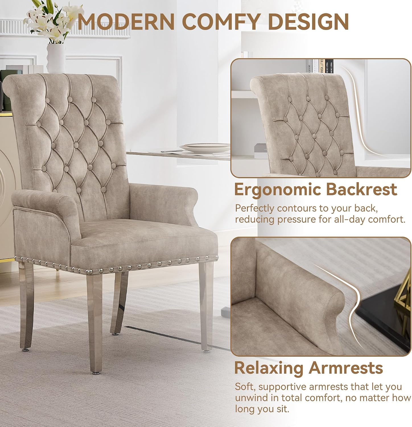 WUTUTUEE Velvet Dining Chair with Arms, Upholstered Tufted High Back Dining Room Chairs, Accent Armchair with Chrome Leg and Nailhead Trim, Kitchen Dining Living Room, Beige (Ivory)