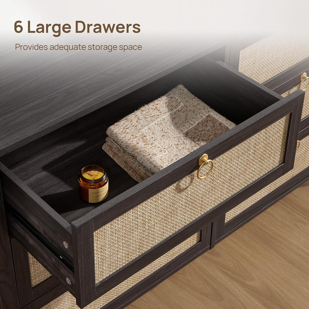 SICOTAS 6 Drawer Dresser for Bedroom - 51' Wide Rattan Dressers Chest of Drawers for Closet, Larger Storage Cabinet Farmhouse Boho Dresser TV Stand for Living Dining Room, Hallway, Black