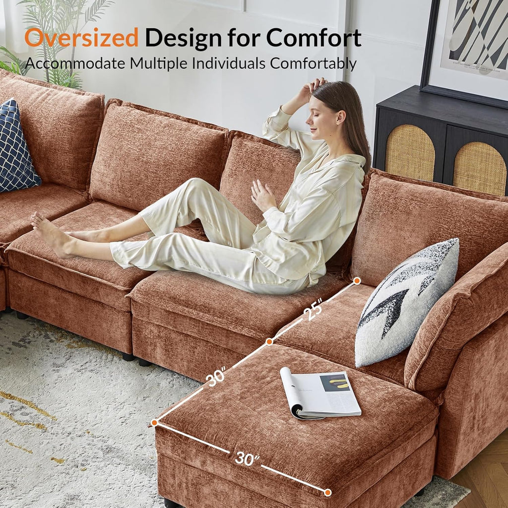 HULALA HOME 97'' Modular Sectional Sofa, L Shaped Couch with Storage Ottoman, Comfy Chenille Sofa with Deep Seat, 4 Seat Convertible Sectional Couches for Living Room, Burnt Orange