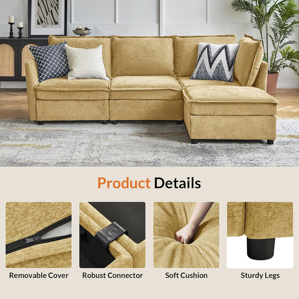 HULALA HOME 97'' Modular Sectional Sofa, L Shaped Couch with Storage Ottoman, Comfy Chenille Sofa with Deep Seat, 4 Seat Convertible Sectional Couches for Living Room, Cream
