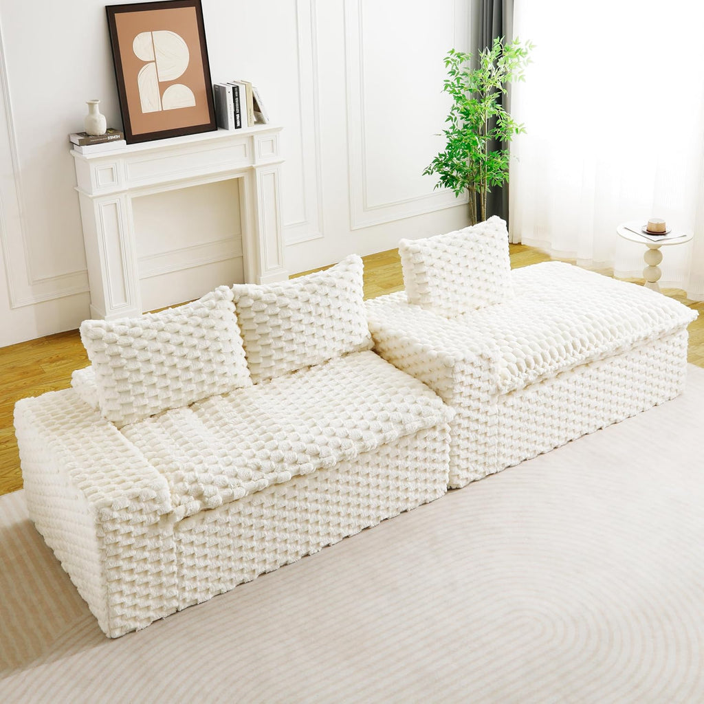 KEIKI 96' L-Shape Modular Boneless Couch with Chaise for Modern Home Bedroom Studio, Sectional Sofa Deep Seat Oversized Loveseat Convertible Bed for Apartment Furniture Lounge Relaxing Corner, White
