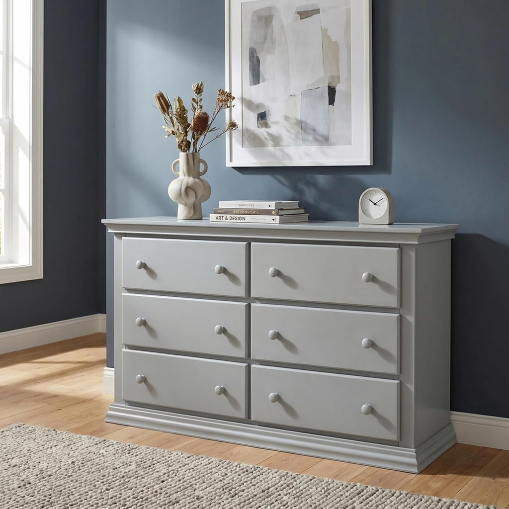 Suite Bebe Universal 6‑Drawer Hardwood Double Dresser, Fully Assembled Wooden Storage Chest with Anti‑Tip Kit for Nursery & Bedroom, Gray