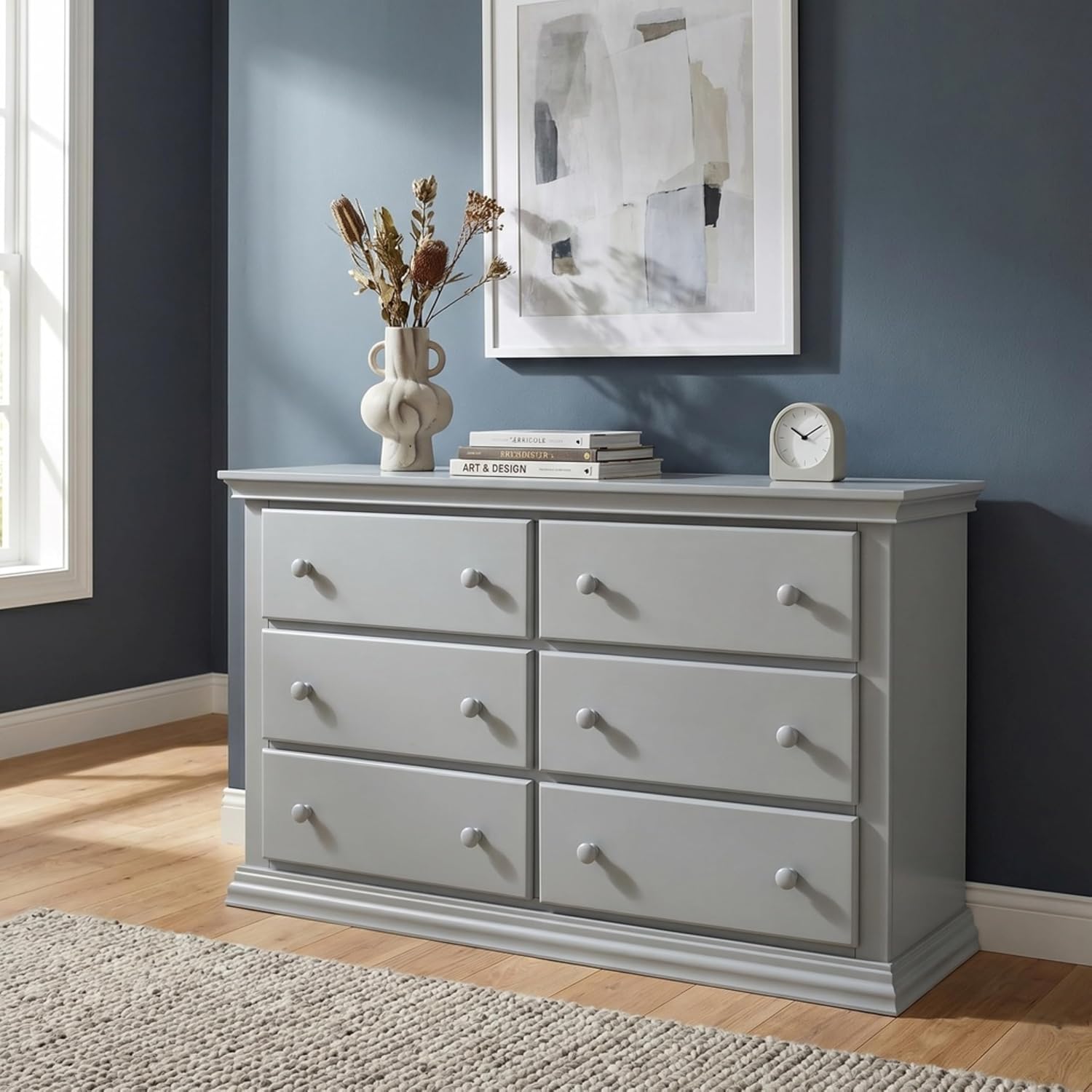 Suite Bebe Universal 6‑Drawer Hardwood Double Dresser, Fully Assembled Wooden Storage Chest with Anti‑Tip Kit for Nursery & Bedroom, Gray