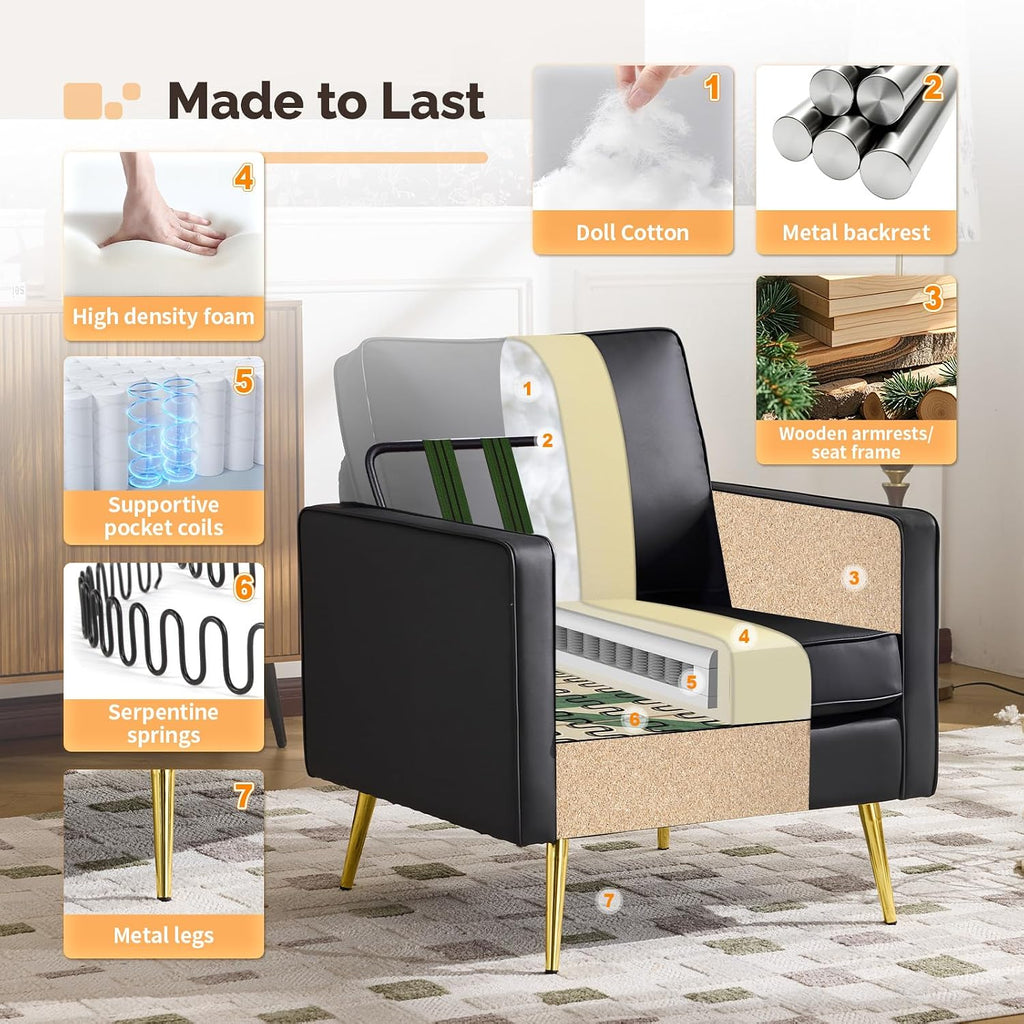 VINGLI PU Leather Accent Chairs Set of 2, Mid-Century Modern Living Room Chairs with Removable Cushions, Gold Legs, Upholstered Sofa Armchair for Bedroom, Office, Apartment, Play Room