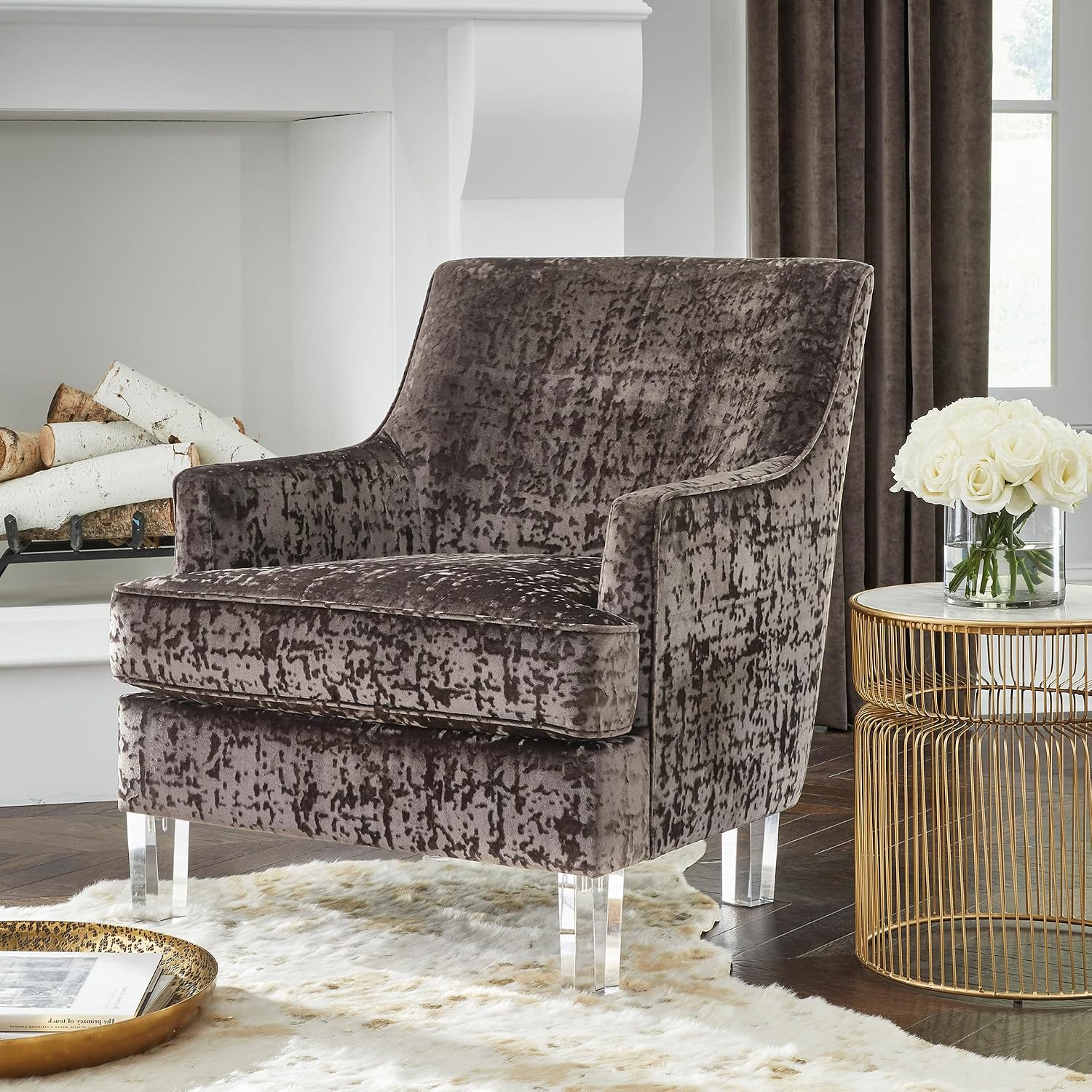 Signature Design by Ashley Gloriann Crushed Velvet Glam Accent Chair with Acrylic Legs, Charcoal Gray