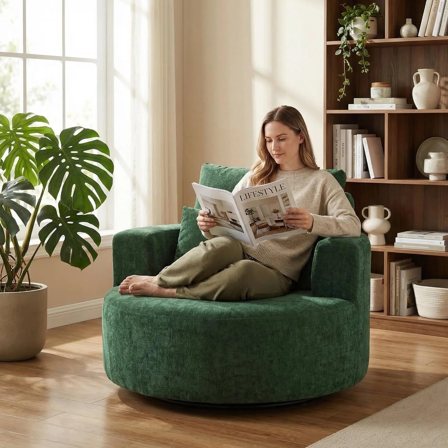 Furnimart Oversized Barrel Accent Chair, 360° Swivel Round Upholstered Sofa, Chenille High-Resilience Sponge, No Assembly Wide Seat for Living Room, Bedroom, Apartment (Green)