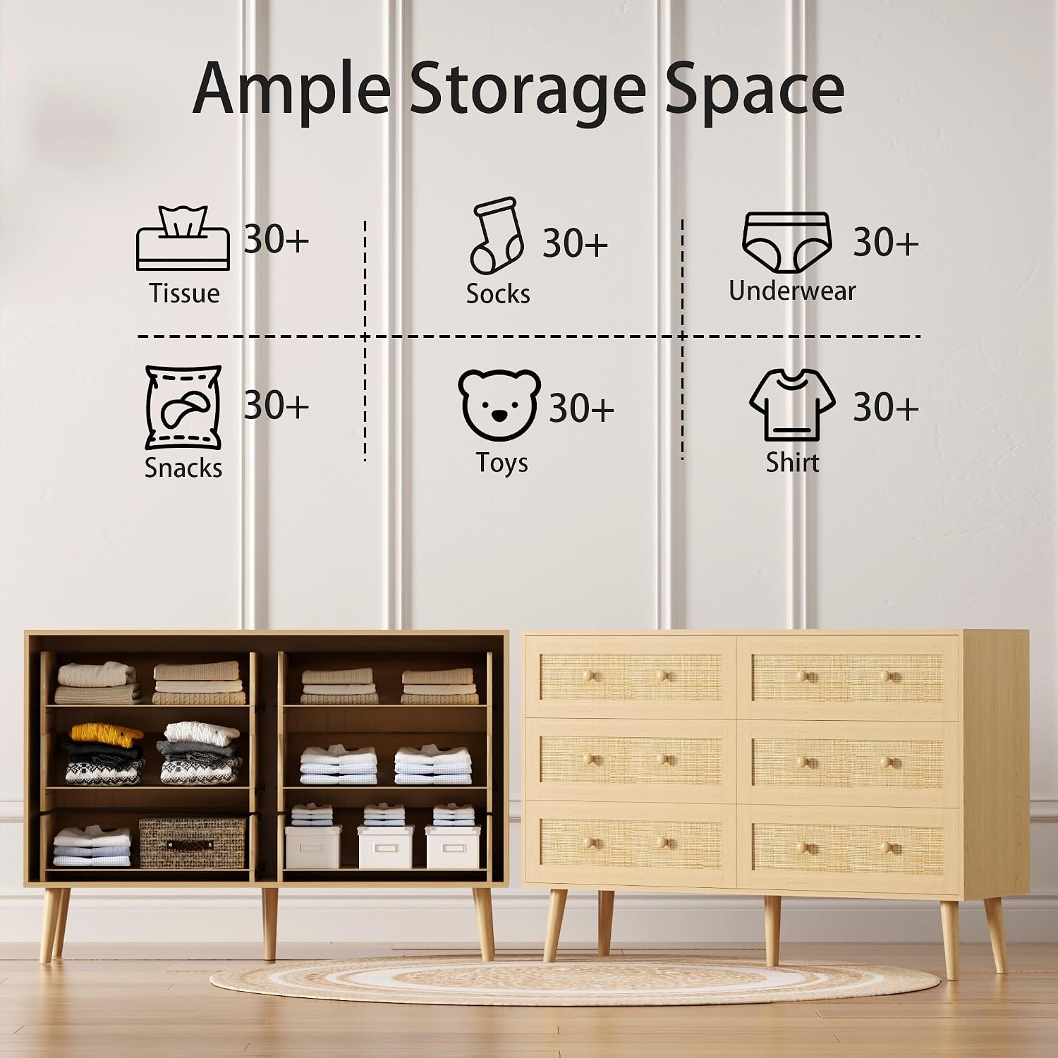 Dresser for Bedroom with 6 Drawer, Natural Rattan Chest of Dressers, Wide Wood Double Dresser, Wooden TV Stand Closet Storage Furniture, Boho Small Clothes Organizer for Hallway, Living Room, Entryway