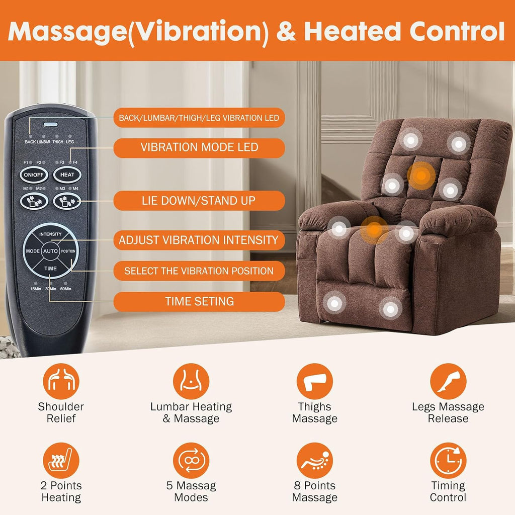 Power Lift Recliner Chair for Adult with Heated and Full Body Massage, Glider Nursery Chair with Cup Holder and USB Charge Port, Oversided Swivel Rocker Recliner for Living/Study/Bedroom Room, Pro