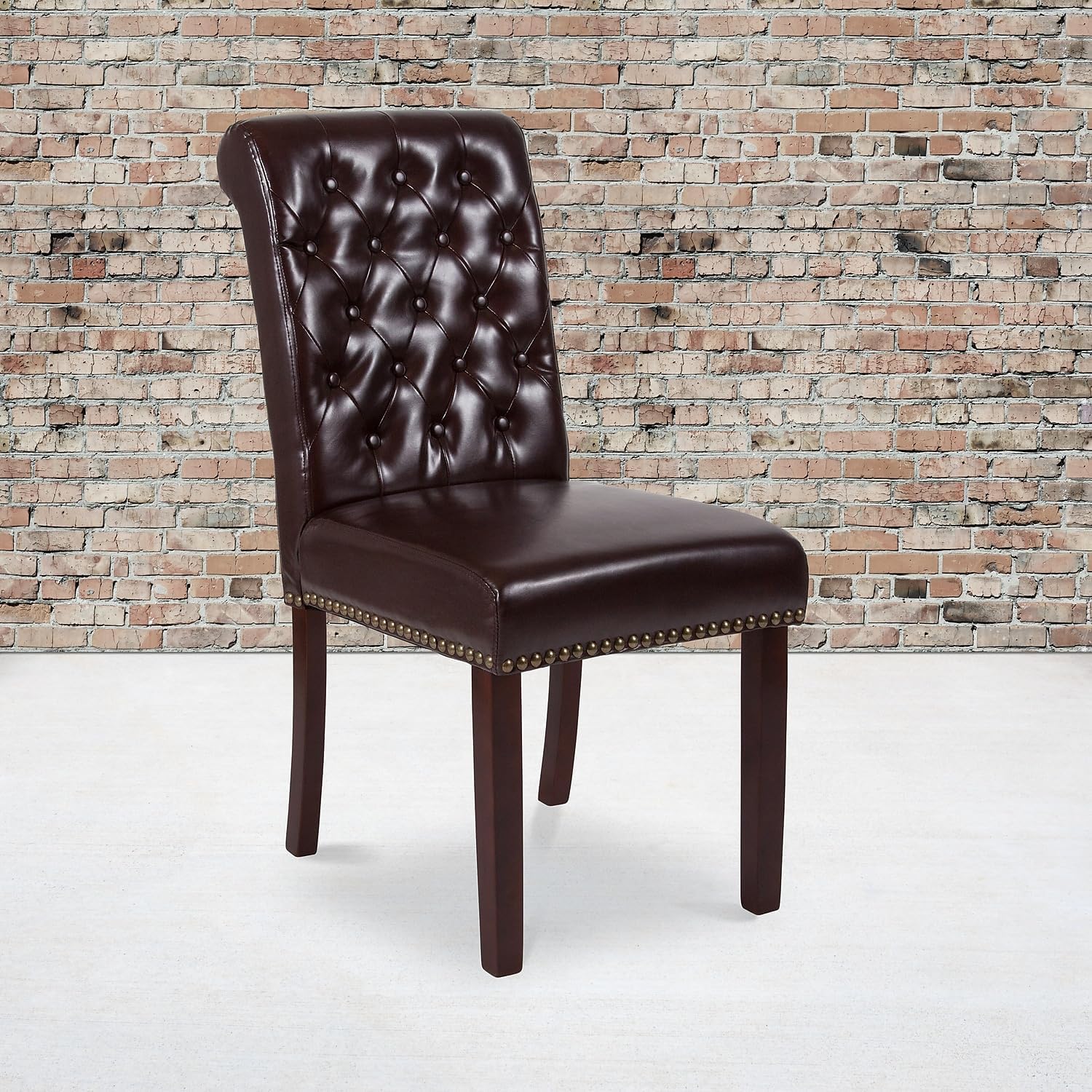 Flash Furniture Set of 2 HERCULES Series Brown LeatherSoft Parsons Chair with Rolled Back, Accent Nail Trim and Walnut Finish