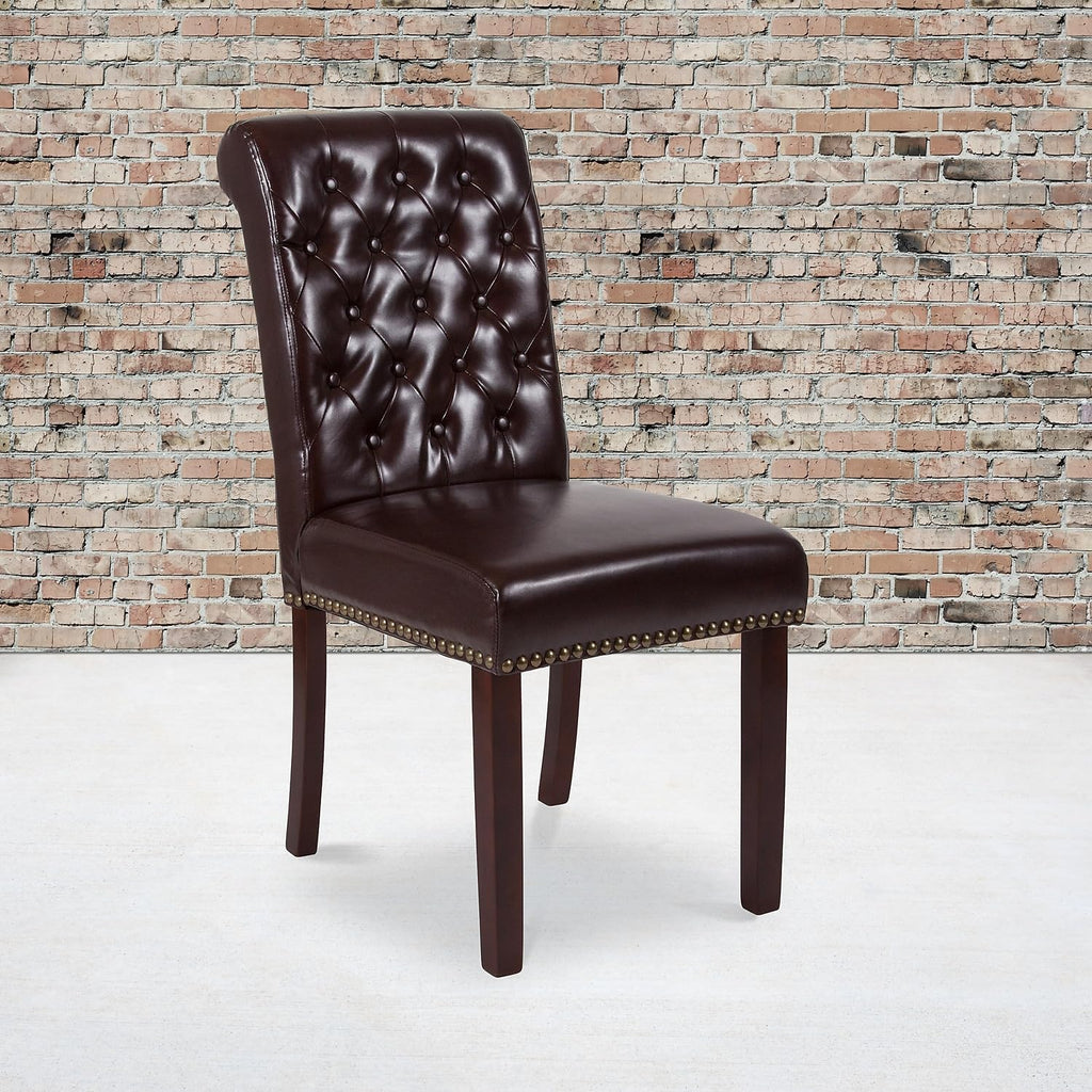 Flash Furniture HERCULES Series Brown LeatherSoft Parsons Chair with Rolled Back, Accent Nail Trim and Walnut Finish