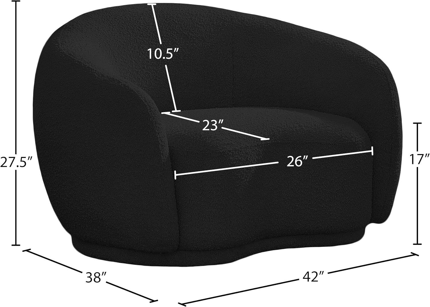 Meridian Furniture 693Black-C Hyde Collection Modern | Contemporary Boucle Fabric Upholstered Accent Chair with Rounded Back, Black, 42' W x 38' D x 27.5' H