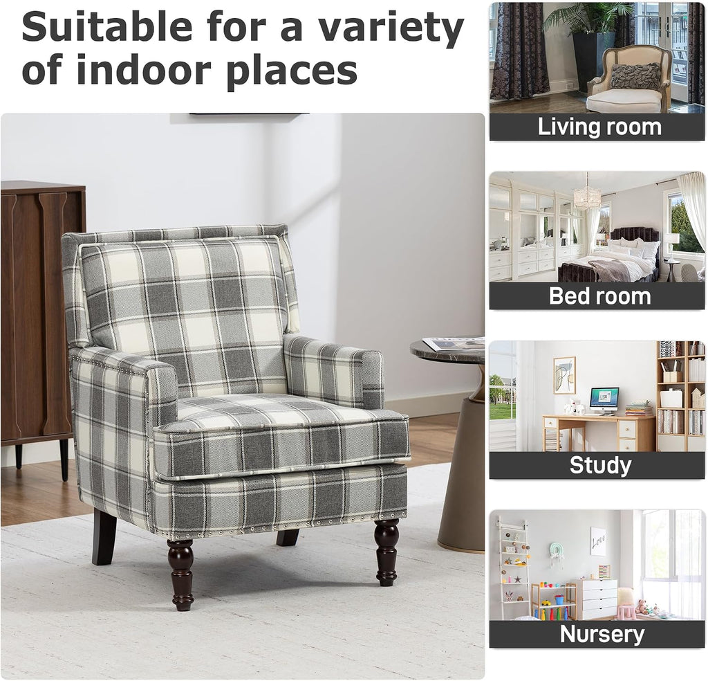 Accent Chair, Plaid Gingham Comfy Cozy Modern Mid-Century Accent Chairs Upholstered Lounge Arm Chair with Solid Wood Frame for Living Room/Bedroom-Gray Plaid
