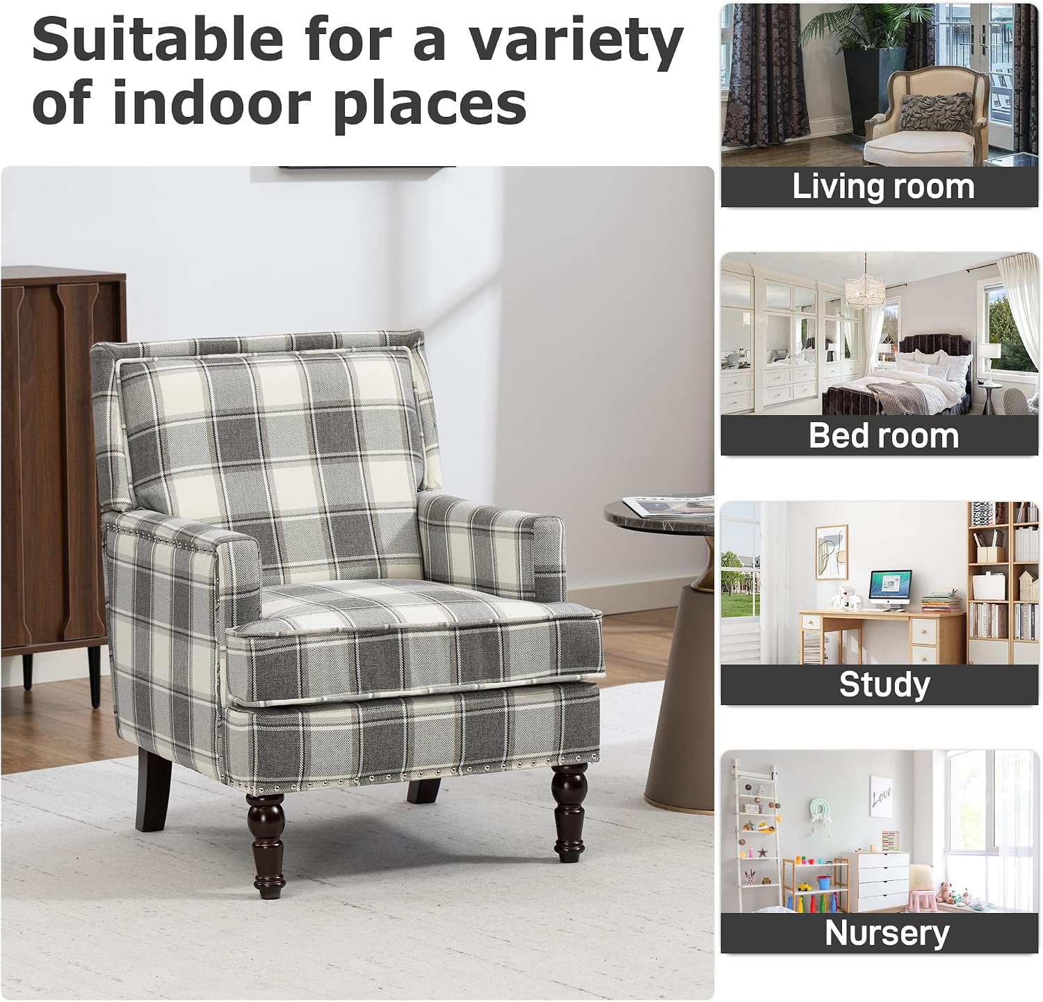 Accent Chair, Plaid Gingham Comfy Cozy Modern Mid-Century Accent Chairs Upholstered Lounge Arm Chair with Solid Wood Frame for Living Room/Bedroom-Gray Plaid