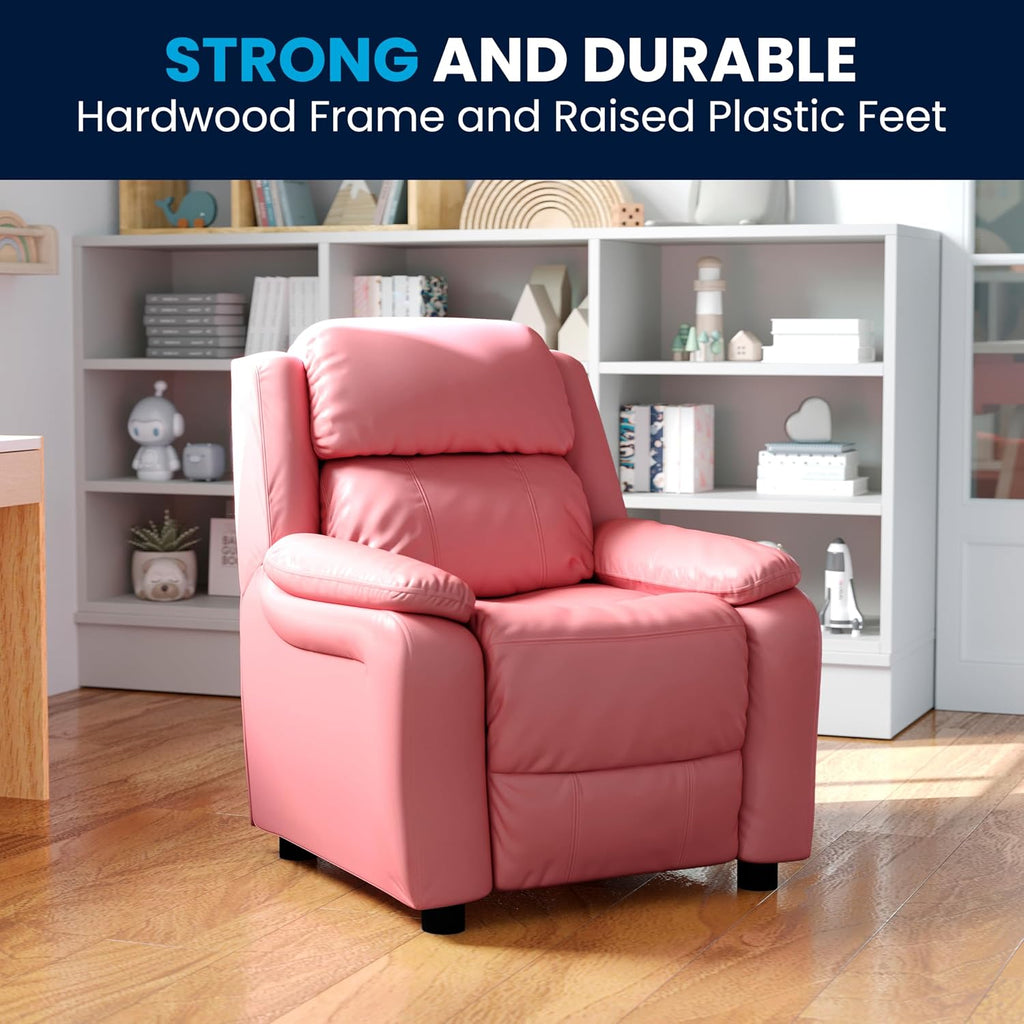 Flash Furniture Charlie Vinyl Kids Recliner with Flip-Up Storage Arms and Safety Recline, Contemporary Reclining Chair for Kids, Supports up to 90 lbs., Pink