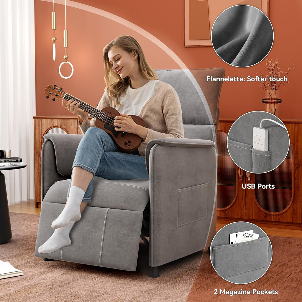 Recliner Chair，Electric Adjustable Chenille Recliner with Remote Control and Padded Backrest,Home Theater Recliner Single Sofa Seat with Thick Seat Cushion for Living Room Bedroom (Grey)