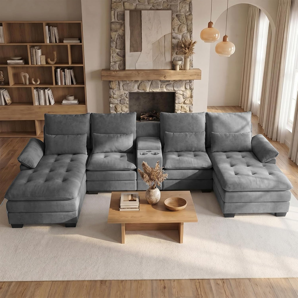 OUYESSIR 134' Oversized Grey Sectional Couches for Living Room,Fluffy Couch with Chaise Lounge&Tufted Buttons, U Shaped Living Room Sofa Set Furniture,Chenille 6 Seater Couch with Storage Console