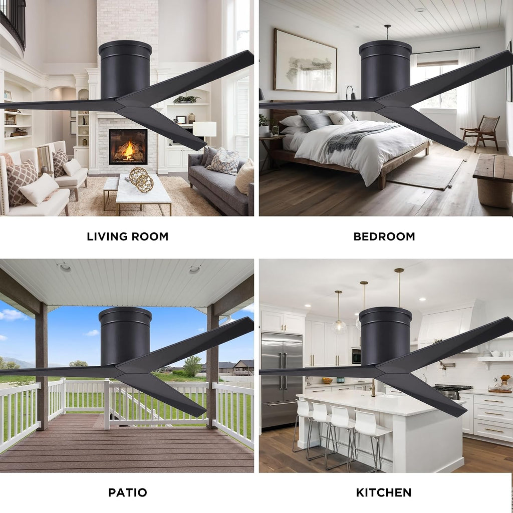 Matthews EKH-BK-BK Eliza Damp Rated 56' Flush Mount Ceiling Fan with Remote & Wall Control, DC Motor, Matte Black