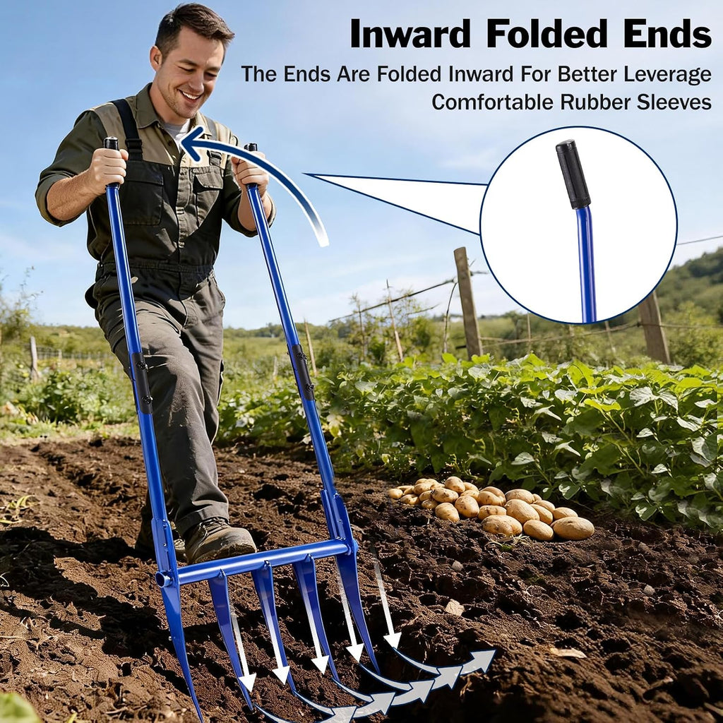 56'' Heavy Duty Broadfork for All the Soils, Unbreakable Design Pitchfork, 5 Sharp and Cambered 11'' Tines Bord Fork Garden Tool, Ergonomic Handles, Good Package, Easy Assembly, Blue.