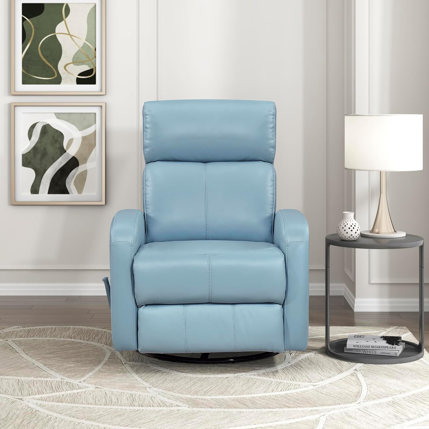 Lexicon Swivel Glider Reclining Chair, Top Grain Leather Match Manual Pull Handle Recliner, Comfy Nursery Glider Recliner, Swivel Reclining Chair for Living Room/Office/Bedroom/Apartment, Blue