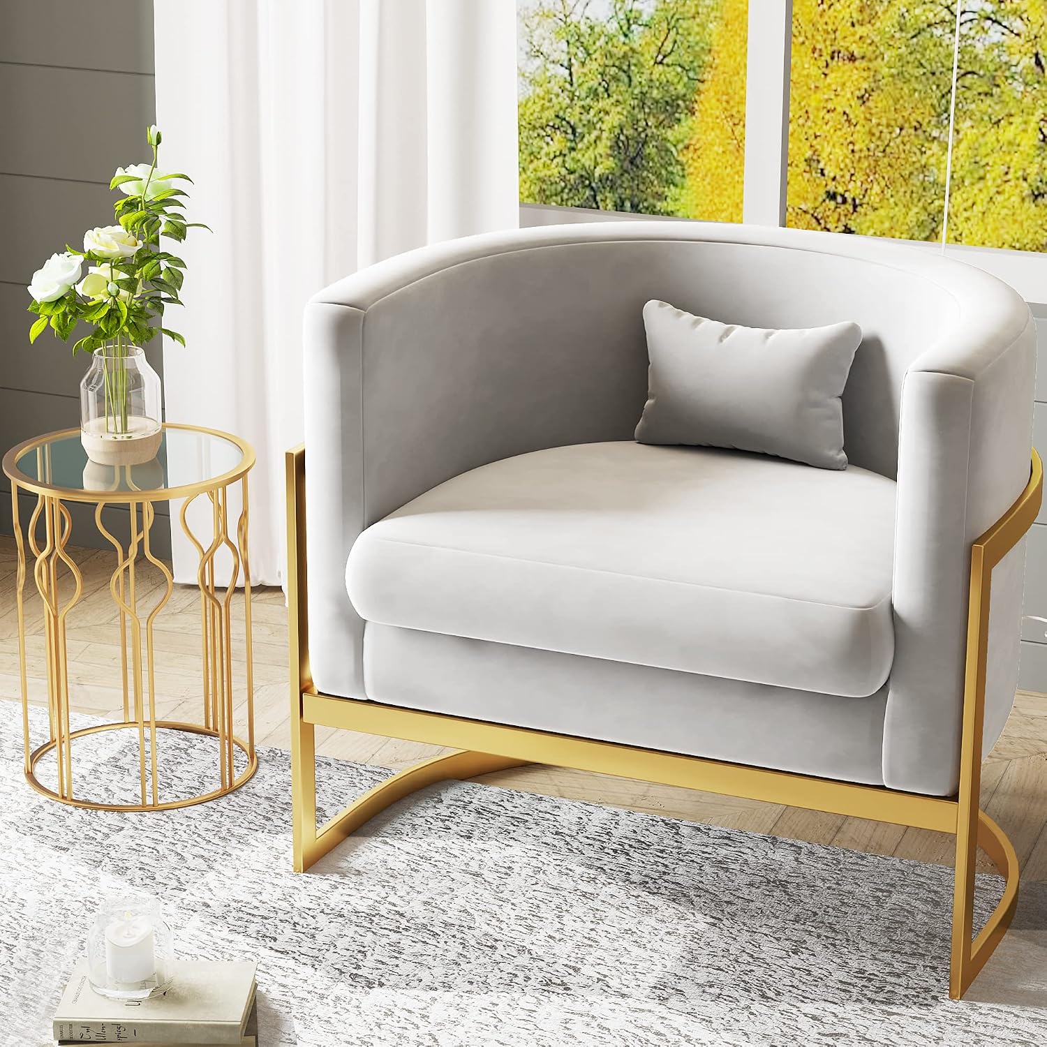 Velvet Accent Chair, Modern Barrel Chair Upholstered Armchair for Living Room Bedroom Single Sofa Chair Club Chairs Gray with Gold Legs