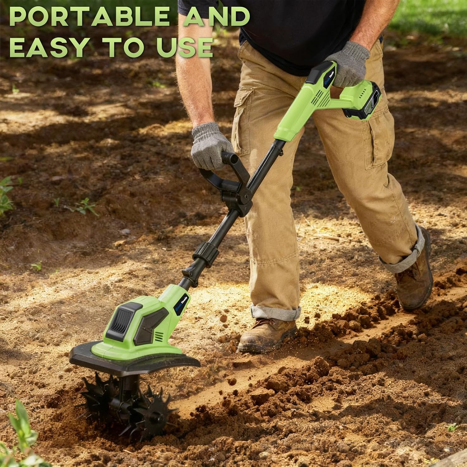 Cordless Tiller Cultivator - 21V 360RPM Electric Garden Tiller with 2 * 4.0Ah Batteries & Fast Charger, 9In Tilling Width and 6.7In Depth, Tiller for Gardening, Lawn, Soil