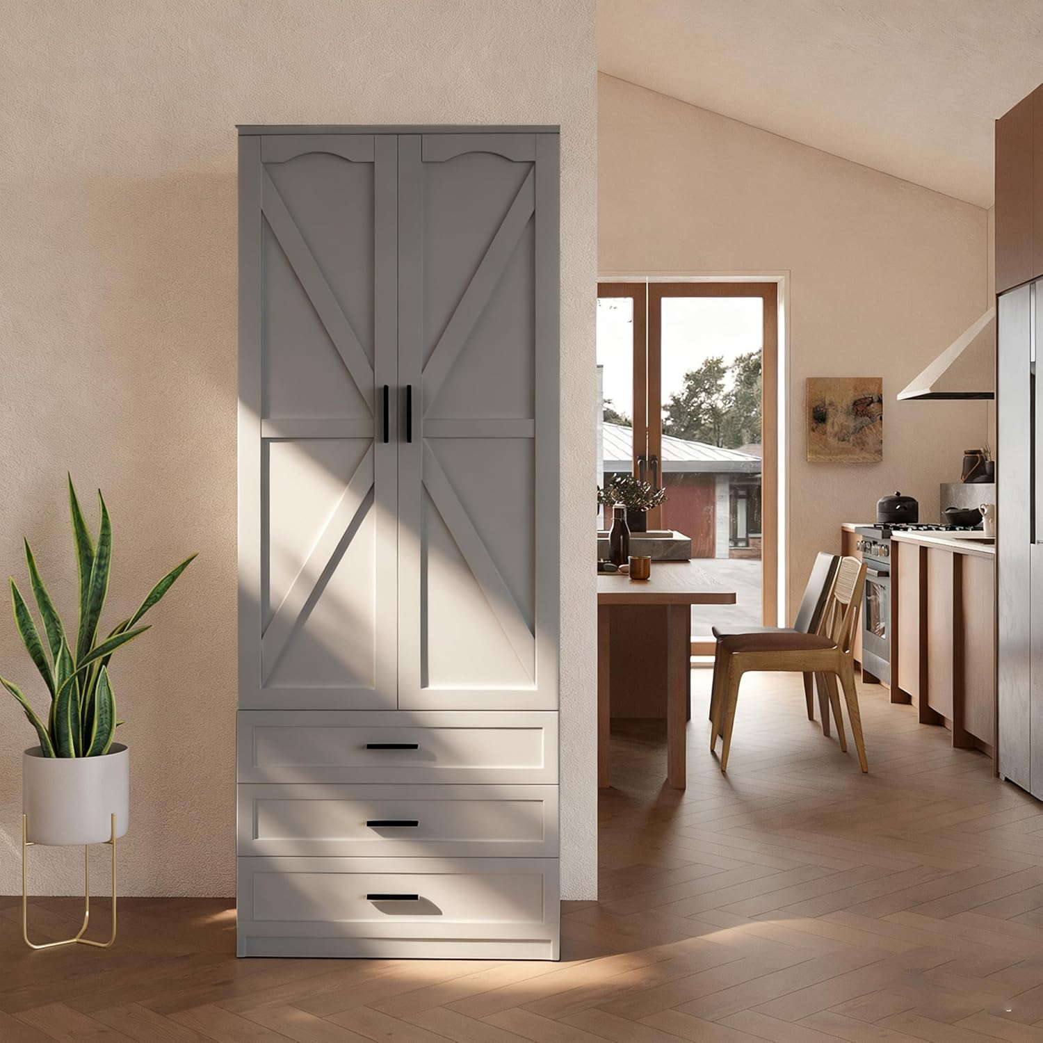 FJTJBSI 72' LED Kitchen Pantry Cabinet with 3 Drawers Farmhouse Tall Storage Cabinet Wood Food Pantry with Barn Doors and Adjustable Shelves Versatile Storage Freestanding Cupboard for Kitchen