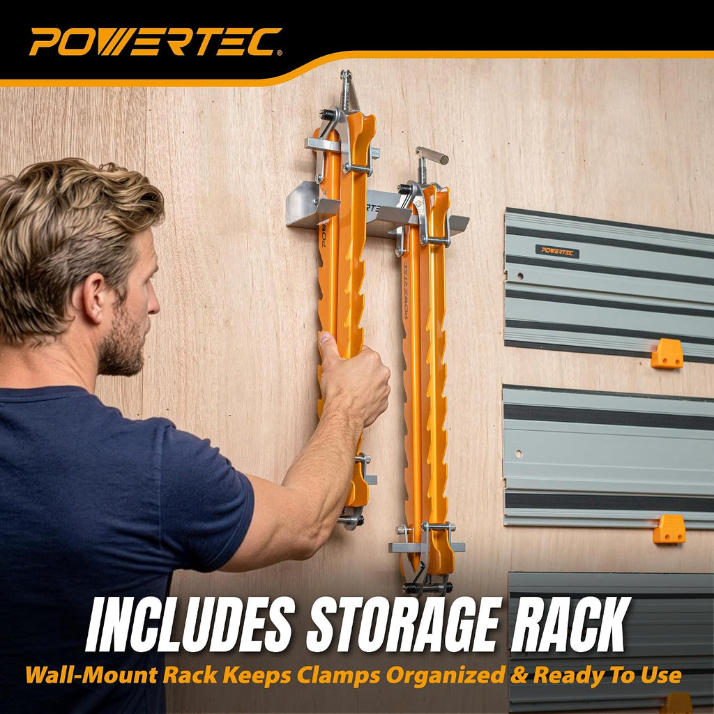 POWERTEC 16' Panel Clamps, 4-Way Pressure Cabinet Clamp Set with Storage Rack, Panel Glue-Up Clamps for Cutting Boards, Tabletops & Wood Panels (72436)