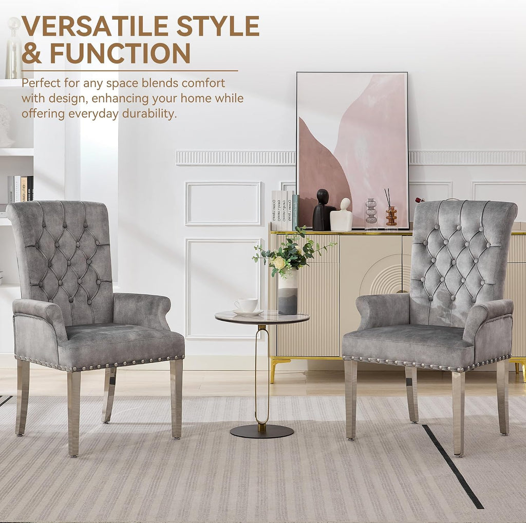 WUTUTUEE Velvet Dining Chair with Arms, Upholstered Tufted High Back Dining Room Chairs, Accent Armchair with Chrome Leg and Nailhead Trim, Kitchen Dining Living Room, Grey