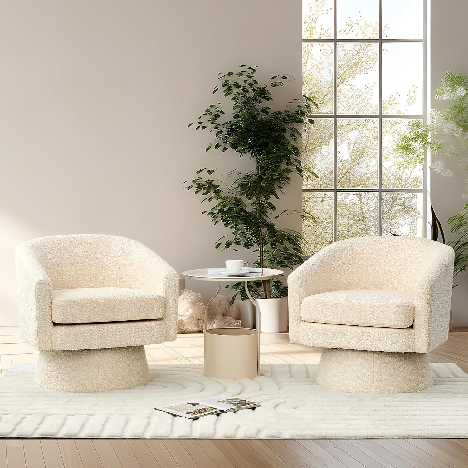 360° Swivel Barrel Accent Chair, Modern Chenille Upholstered Armchair with Curved Back, Soft Cushion & Arms, Wooden Frame, Storage Pocket, Comfy Reading Lounge Chair for Living Room, Bedroom, Office