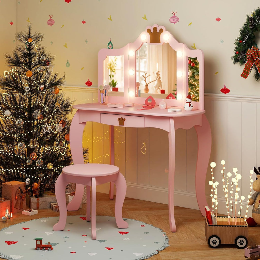 HONEY JOY Kids Vanity with Lights, Crown Girls Vanity Set with Mirror and Stool and Lights, Toddler Vanity, Wooden Makeup Table for Little Girls, Pretend Play Kids Vanity Table and Chair Set(Pink)